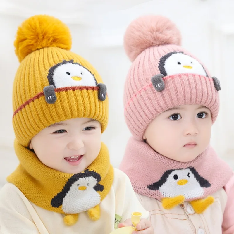 

1 To 4 Years Old Baby Kids Beanie Thicken Children Cap Cute Penguin 2 Pcs Boys Girls Winter Villus Hat Scarf Set Photography