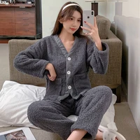 cute sweet cardigan solid color home clothes plus velvet thick thick warm autumn and winter new korean pajamas