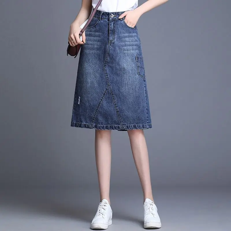 

Women High Waist Denim Skirt 2022 Spring Summer Ladies Elegant Vintage Slim Casual Korean Style A-line Mid-long Jean Skirts 1228