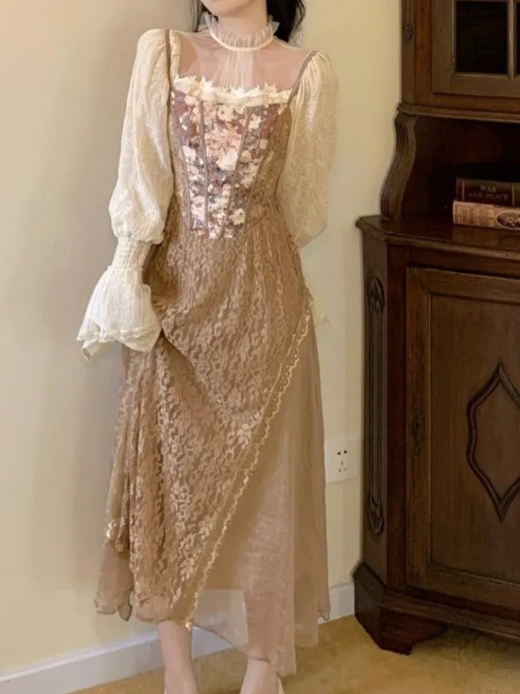 

Шикарное модное кружевное женское платье миди, французское винтажное пэчворк, два весенних платья, корейский женский стиль, дизайнерское платье 2022