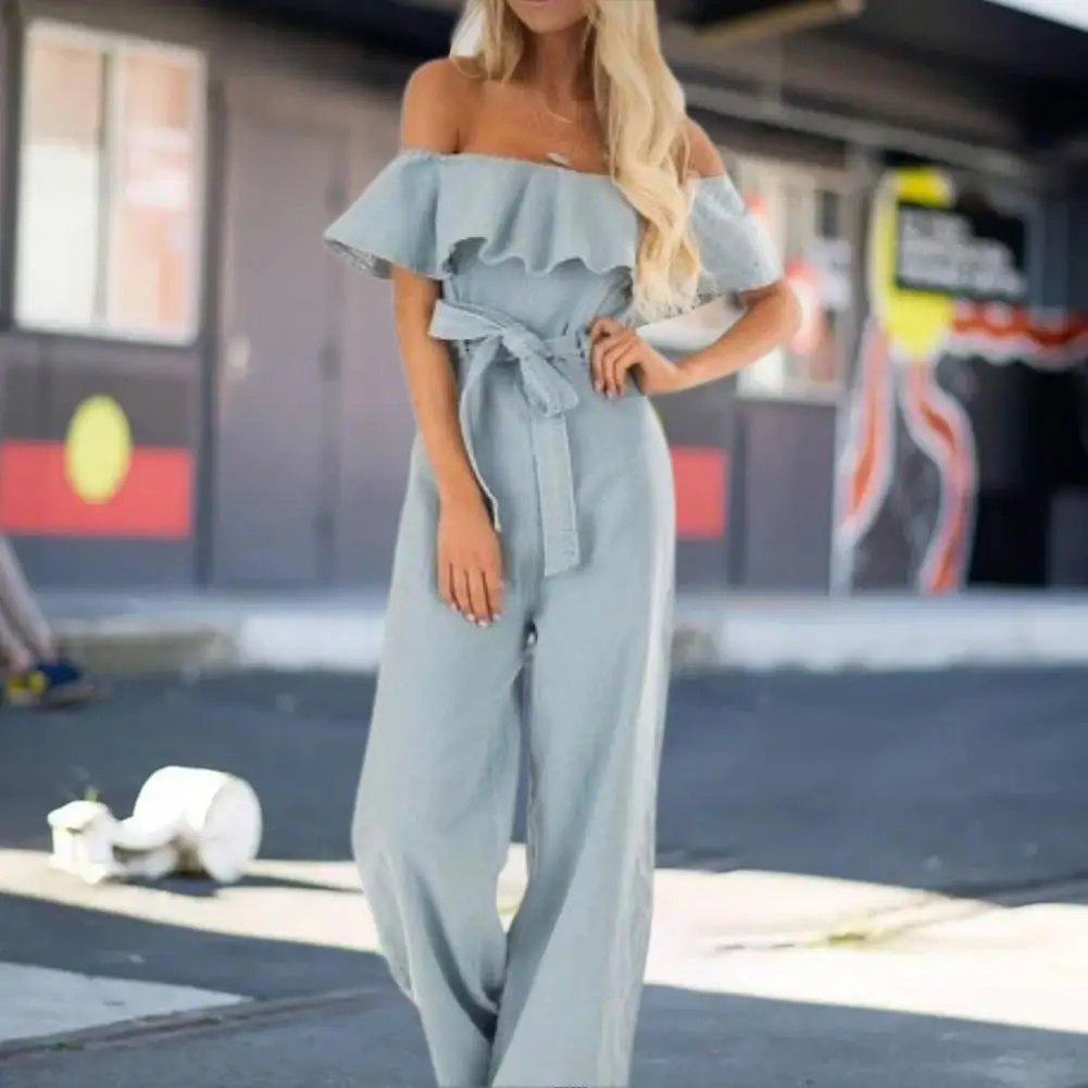 

Women Jumpsuit Lace-up Ruffles Faux Denim Slim-fitting High Waist Jumpsuit Streetwear