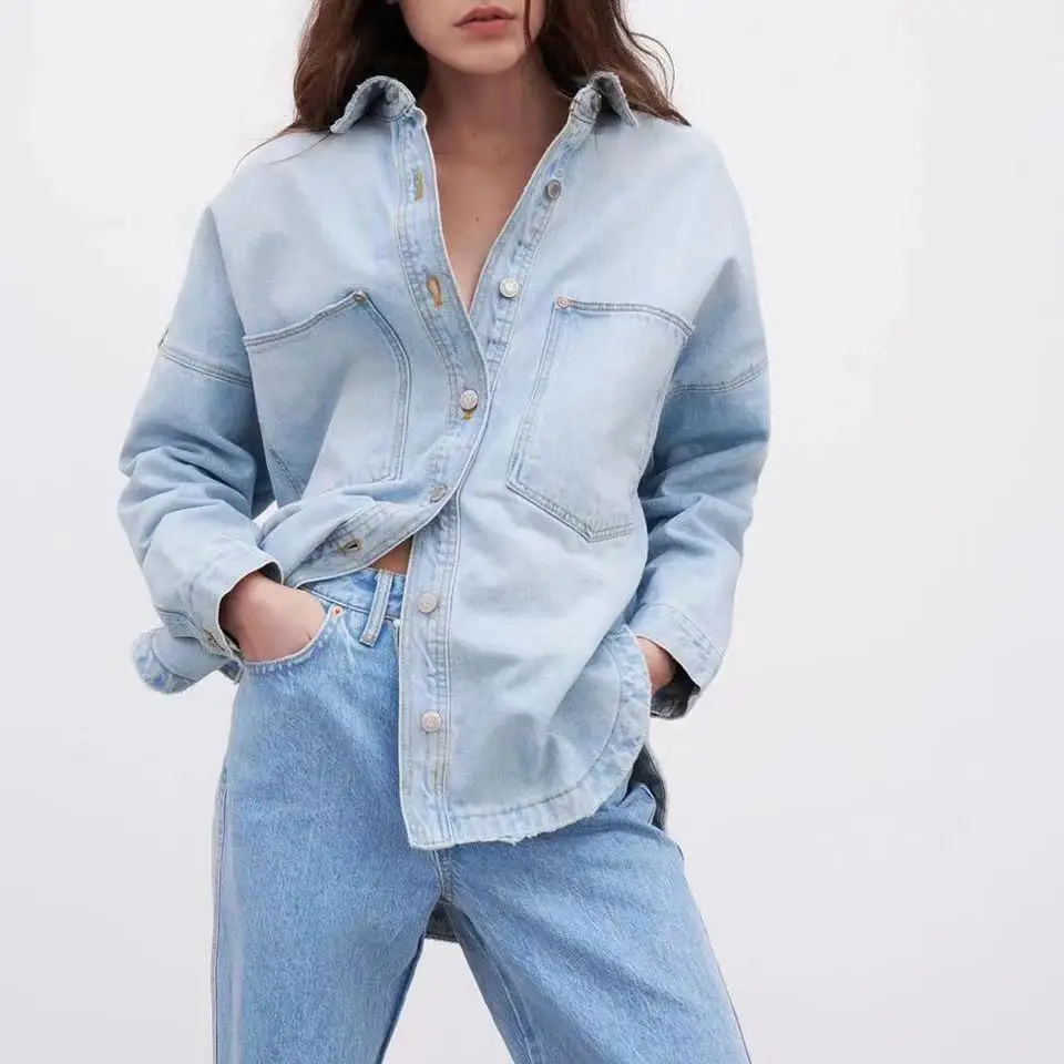 

Women Fashion Pocket Decorated Denim Shirt Jacket Coat Vintage Long Sleeve Lapel Snaps Female Outerwear Chic Tops