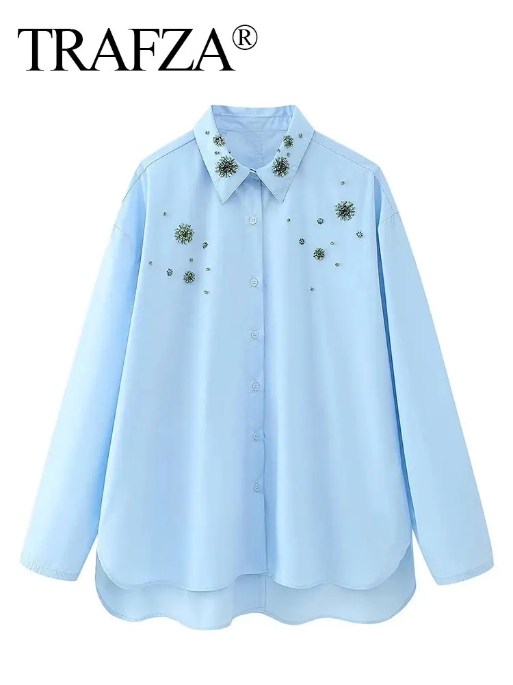 

TRAFZA New Printing Long Sleeves Loose Long Shirts 2023 Autumn Shirt For Women Fashion Female Vintage Streetwear Women's Shirts