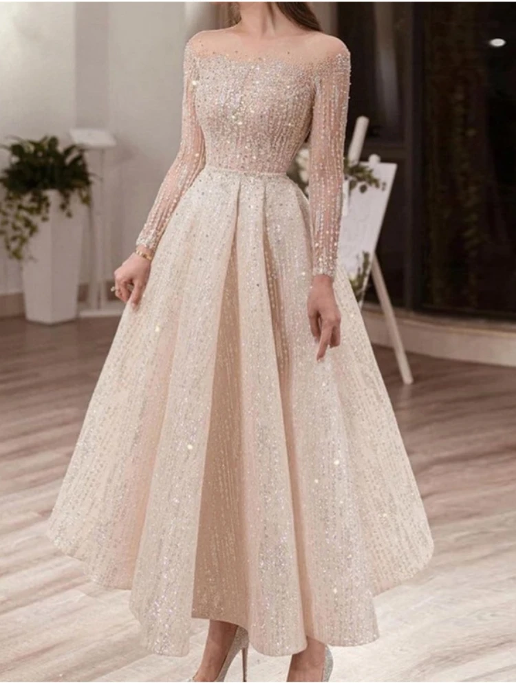 Elegant  For Women Evening Dresses Prom Formal Designer Clothing  Round Neck Long Sleeve Slim Dress Sequined Long Princess Skirt