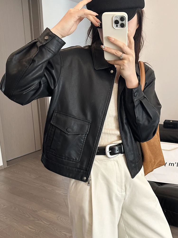 Кожаное пальто верхняя одежда женская осенняя 2024 новая корейская свободная