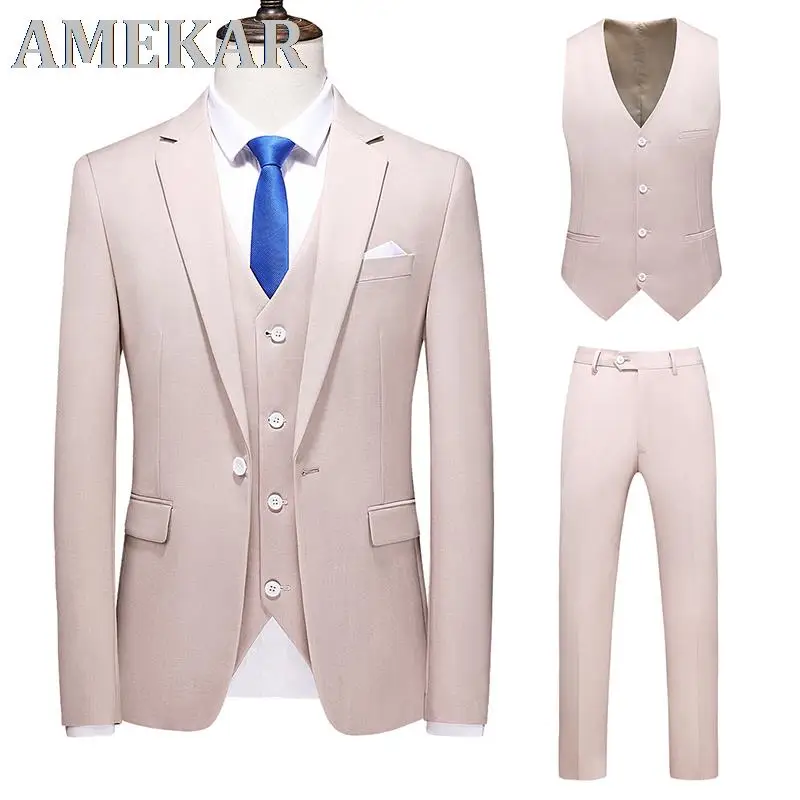 

3 Pcs Set Suit Coat Vest Pants / 2022 Fashion New Men's Casual Boutique Business Solid Color Groom Wedding Formal Blazers Dress