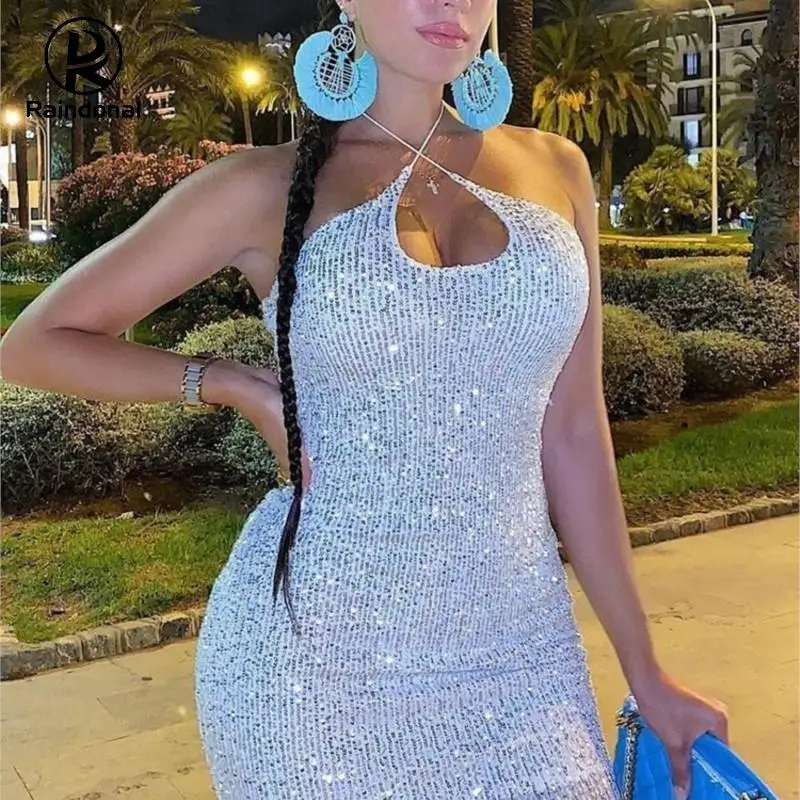 

Raindonal Drawstring Spaghetti Strap Dress Party Outfit Sleeveless Backless Elegant Slim Hollow Out Bodycon Sequins Women Night
