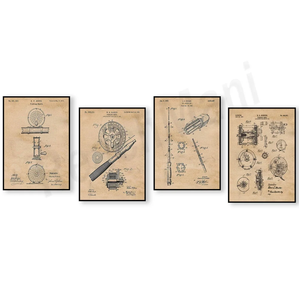 Патентный принт на рыболовную катушку в стиле ретро настенный художественный