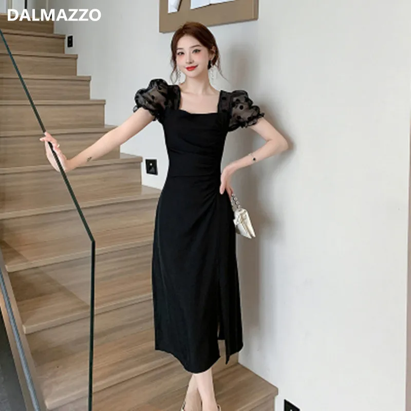 

DALMAZZO New Fashion French Square Collar Slim Open Fork Long Dress Women Patchwork Mesh Elegant Package Buttocks Vestidos 2023