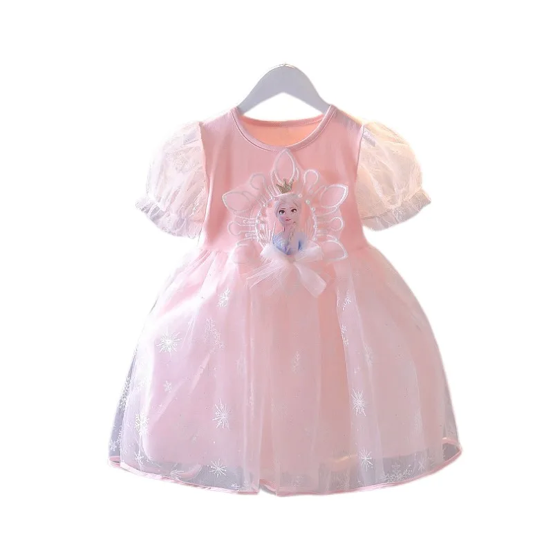 

Aisha Princess Dresses Girl Summer New Fashion Bowknot Snow Pattern Mesh Dress Girls Travel Casual Skirt 3-7 Year Child Clothing