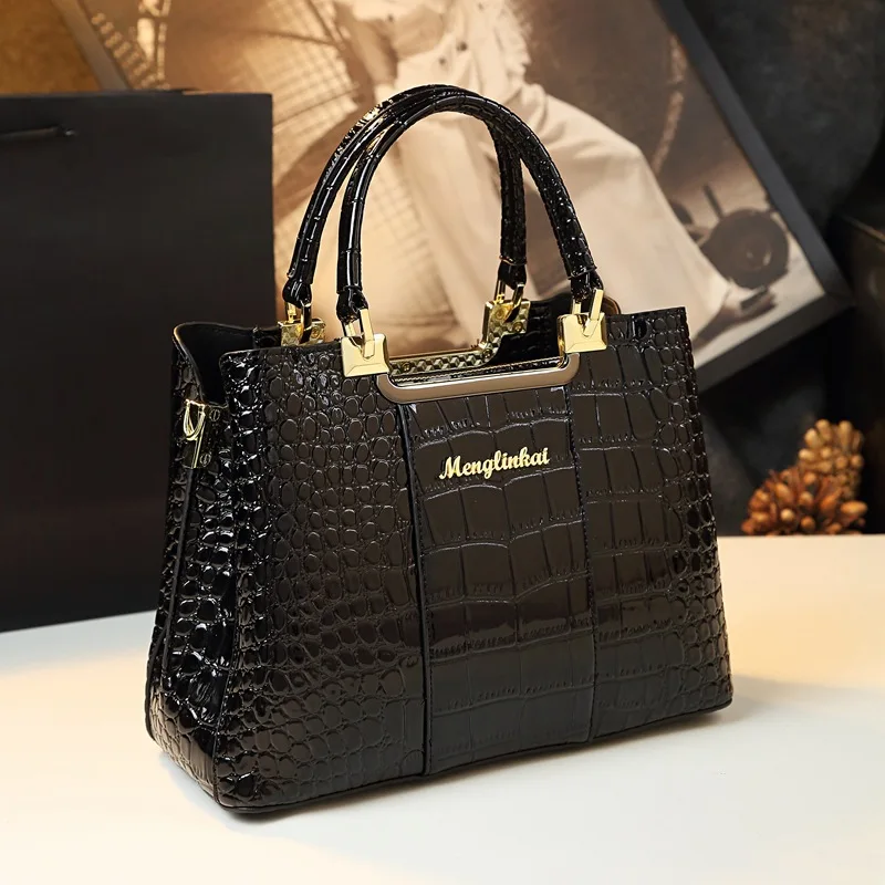 

High Quality Luxury Bags For Women Crocodile Patent Leather Messenger Bag Large Capacity Female Tote 2023 Brand Designer Handbag