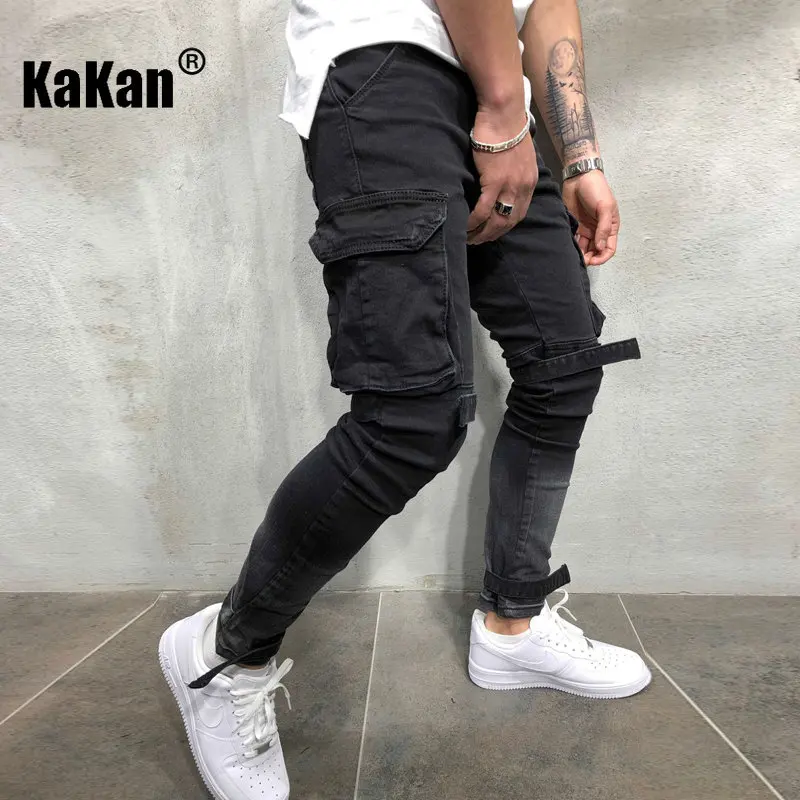 Kakan - New European and American Large Pocket Casual Strap Small Foot Jeans for Men, Black Slim Fit Long Jeans K49-105