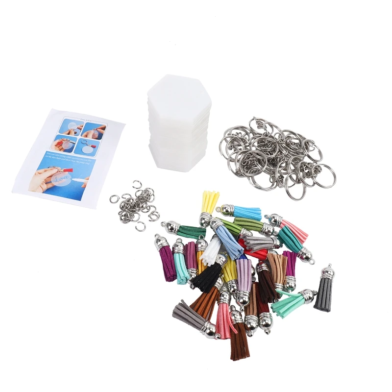 

Acrylic Transparent Discs Clear Acrylic Hexagon Keychain Blanks With 30Pcs Key Chains, 30Pcs Colorful Tassel Pendants,