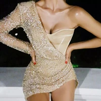 mini cocktail dresses sparkly one shoulder sheath sexy cocktail gown sequin long sleeve illusion short party dresses glitter