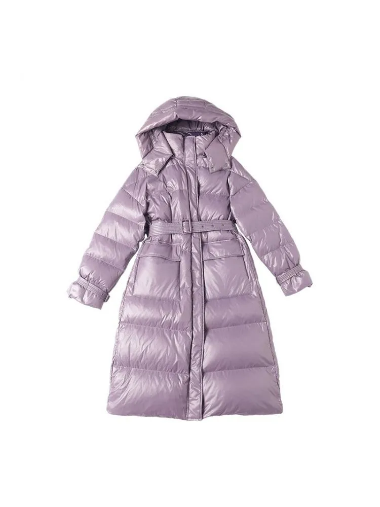 Europe Fashion Bright Face Long 90 White Duck Down Coats 2022 Winter Hooded Loose Lace Up Black Thicked Warmer Bread Jackets