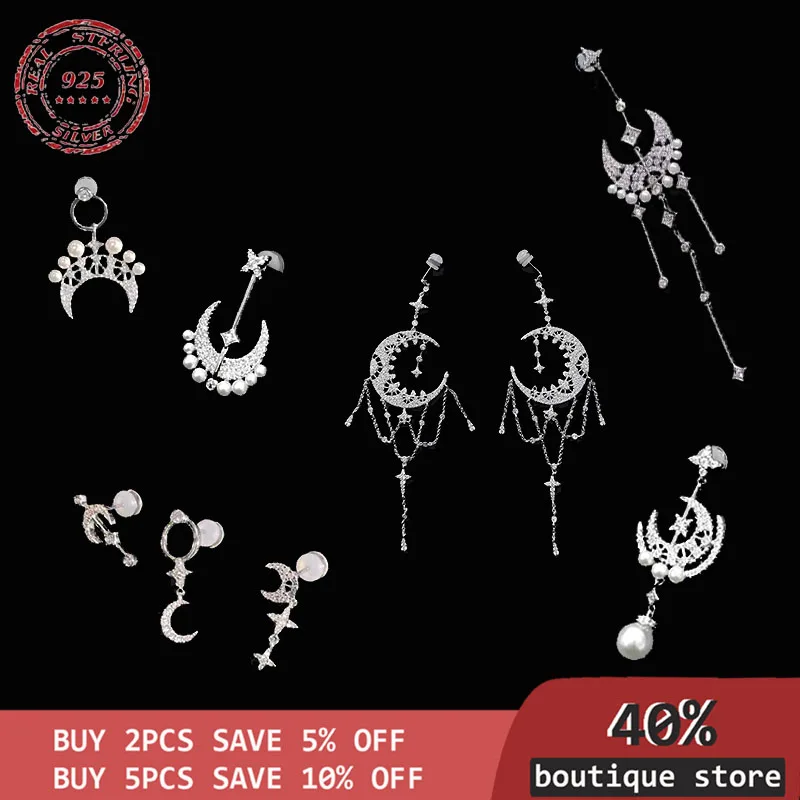 S925 silver sterling pearl free earrings long cross moon earrings earrings earrings girl's clip bone fashions monastic luxury