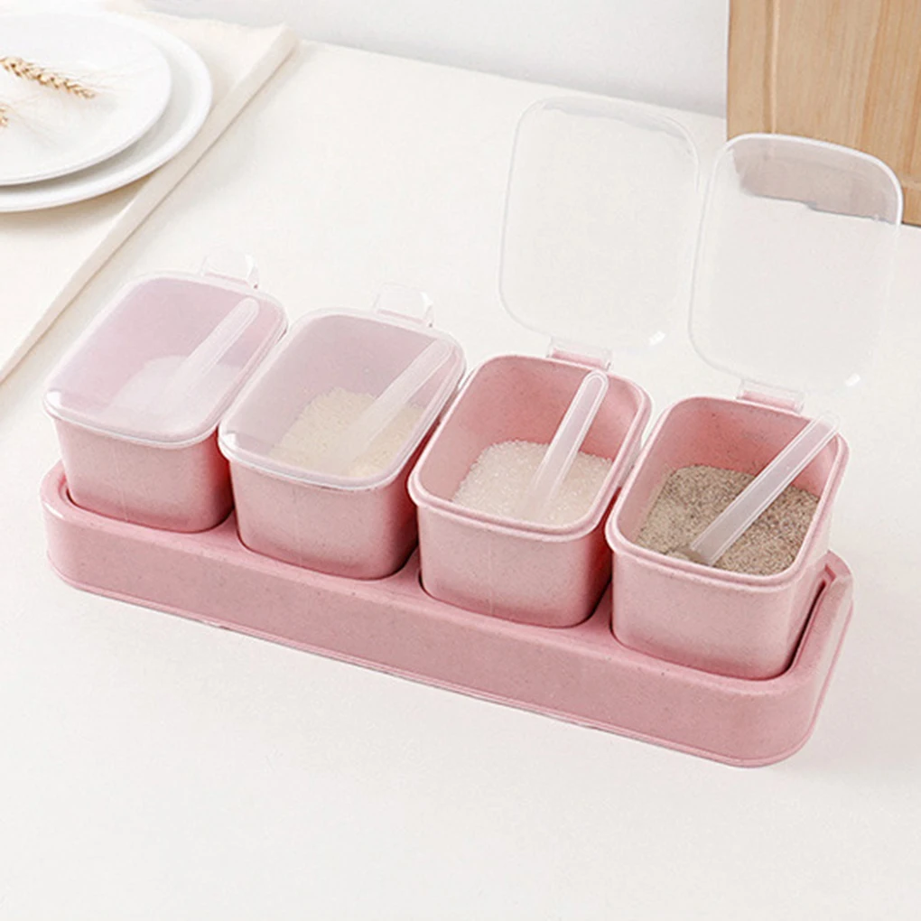 

High Quality 4 Grid Seasoning Box Set Spice Salt Sugar Jars Pepper Condiment Storage Container with Small Spoon