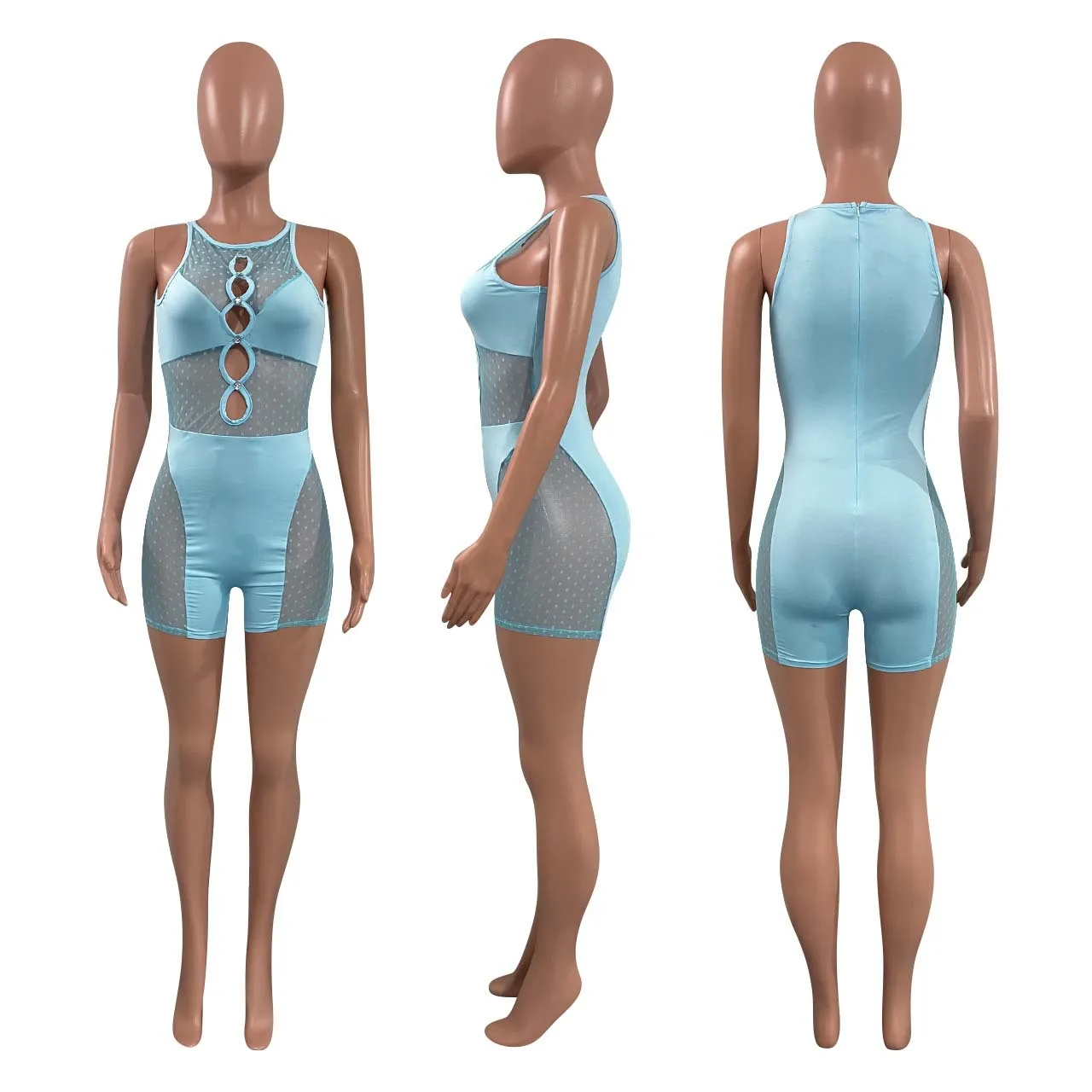 Женский сетчатый комбинезон без рукавов облегающий короткий с вырезами Клубная