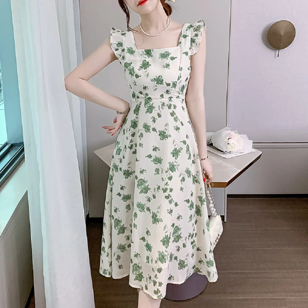 

Square Neck Sleeveless Casual Women's Tea Break Green Floral Waist Dress Summer Small Fresh Skirt Can Be Worn At Ordinary Times