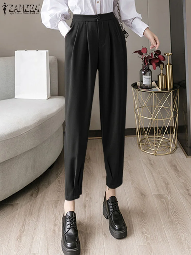 ZANZEA Fashion High Wasit Trousers Women Korean Pleated Solid Color Cropped Pants 2023 Spring Casual Loose Office Lady Pantalon