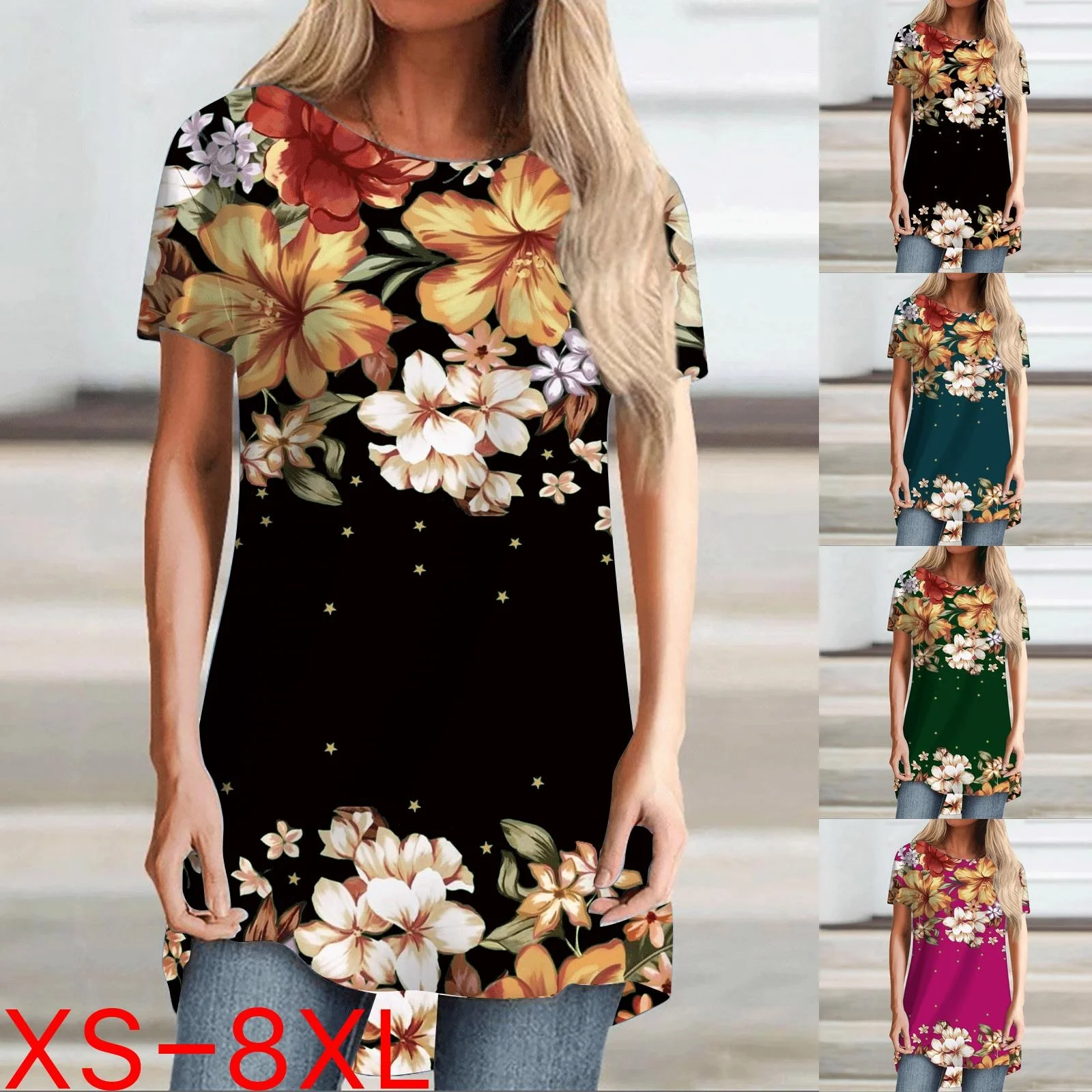 

Women's 2023 Summer Fashion Round Neck Short Sleeve Loose T-shirt Plus Size Girls Top Loose Tops