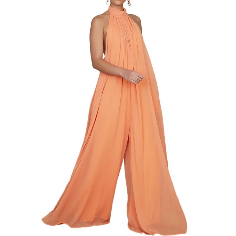 Loose Backless Jumpsuit Women 2023 Summer New Casual Sleeveless Chiffon Hanging Neck  Pleated One Piece Jumpsuit Women Elegance