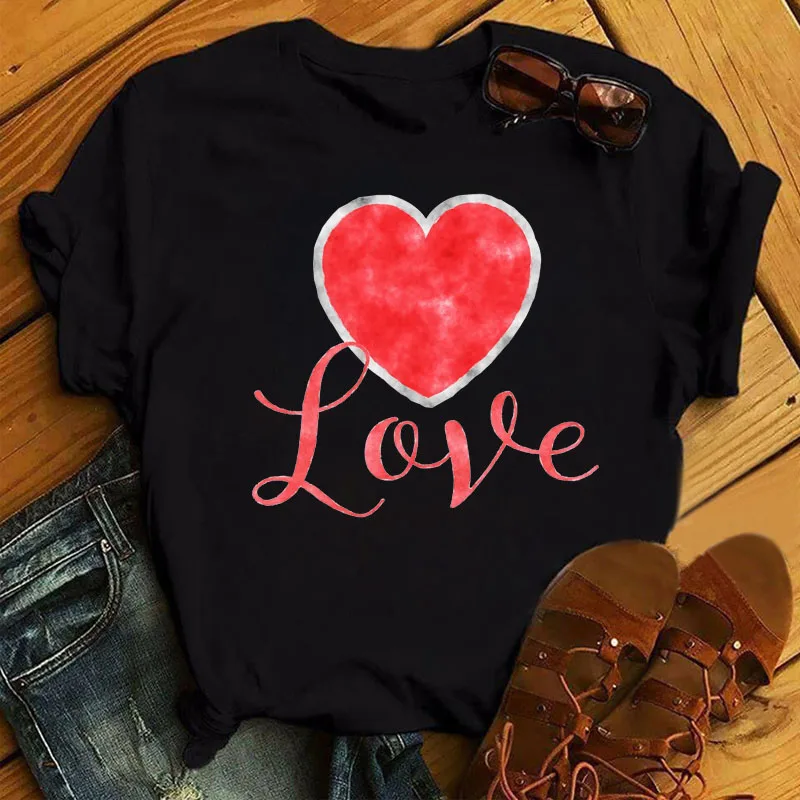 

New Love Heart Print T Shirt Women T Shirt Female Fashion Cute Graphic Tee Shirts 90s Ladies Short Sleeve Casual Tops T-shirts