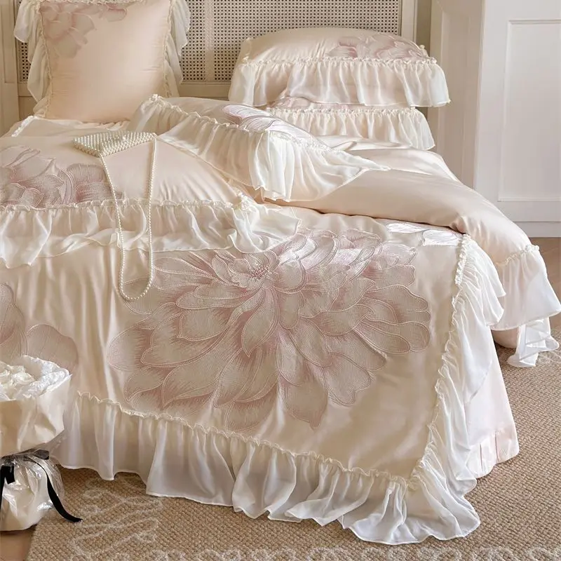

Pink 120S Egyptian Cotton French Romantic Elegant Lace Ruffles Flowers Embroidery Bedding Set Duvet Cover Bed Sheet Pillowcases