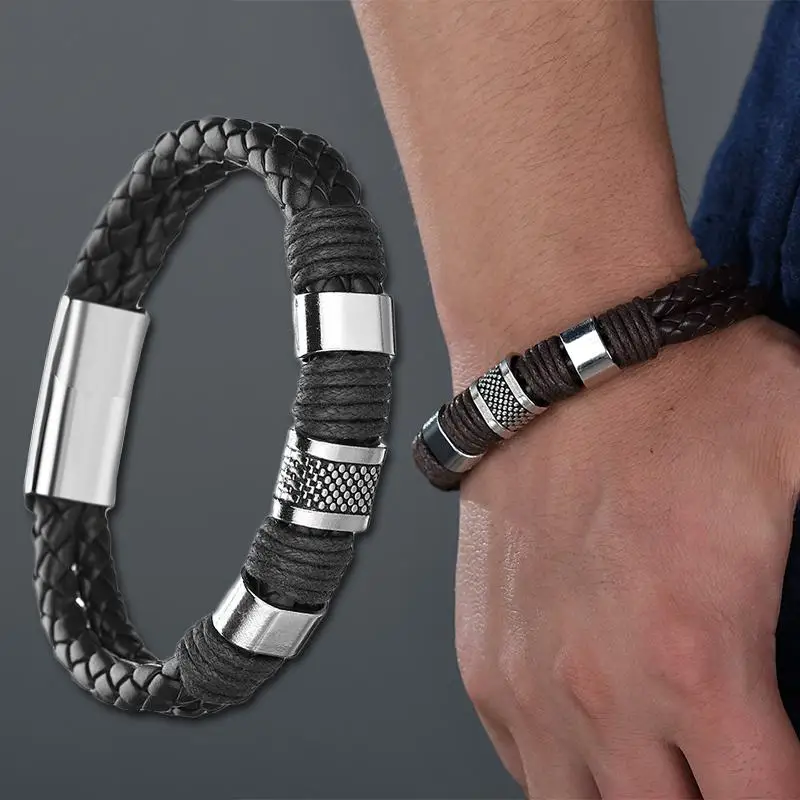 

Men Punk Weave Leather Knit Bracelet Zinc Alloy Black Brown PU Boys Bangles