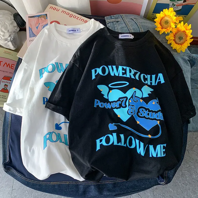 

T-Shirt Women Printed Summer Ins Black and White Angel Devil Love Short-Sleeved Letters Loose Oversized Harajuku Punk Tee Tops