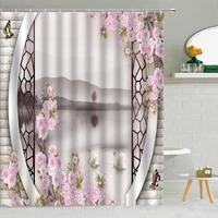 chinese style screen garden shower curtain pavilion flower bird tree bamboo scenery bathroom bath curtains waterproof with hook