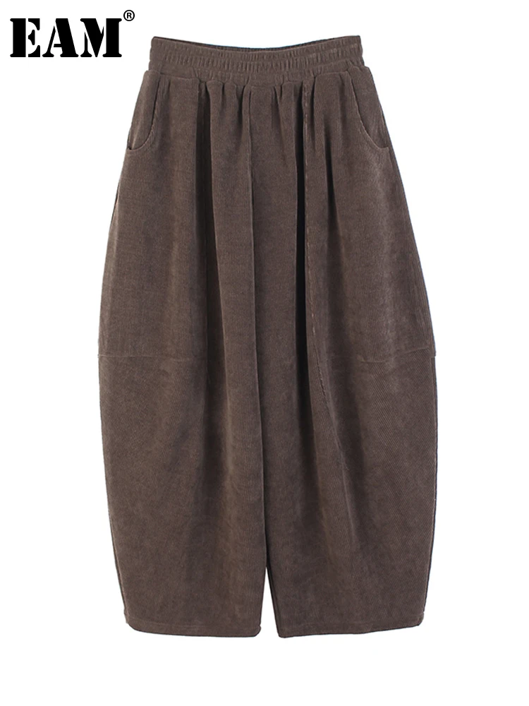 

[EAM] High Elastic Waist Coffee Corduroy Wide Leg Pants New Loose Fit Trousers Women Fashion Tide Spring Autumn 2022 1DF1826