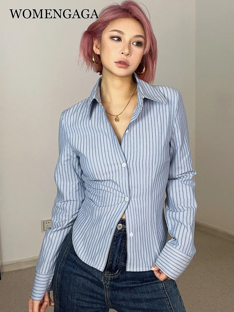 

WOMENGAGA Spicy Girl Stripe Polo Neck Long Sleeve Collared Button Up Designer Shirt Women New Tight Sexy Top Fashion Tops 80Q5