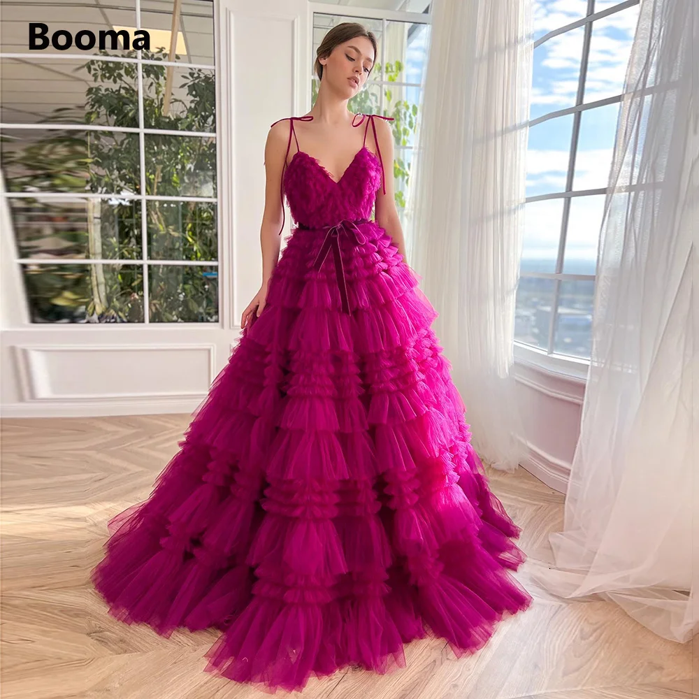 

Booma Fuchsia Ruffles Tulle A-Line Prom Dresses Spaghetti Straps Frill-Layered Tiered Maxi Party Gowns Formal Evening Dresses