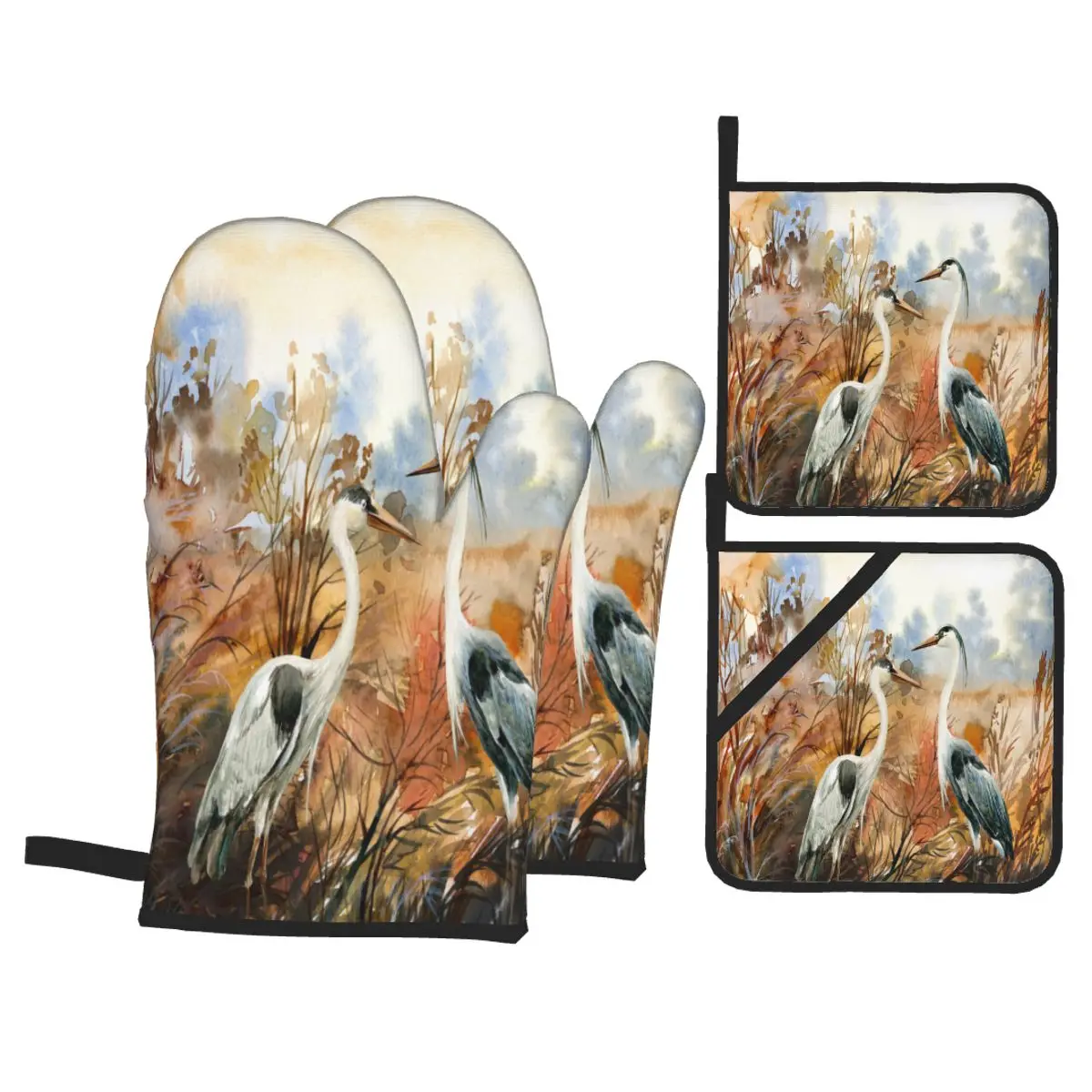 

4pcs Kitchen Gloves Insulation Pad Autumn Landscape With Birds Heron Cooking Microwave Gloves Baking BBQ Oven Potholders Mitts