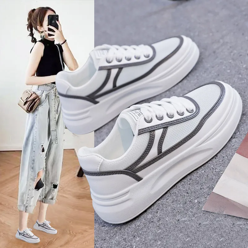 

White Shoes Women's 2022 Summer New Women's Shoes Are Versatile Students' Thick Bottom Leisure Breathable Pop-up Mesh