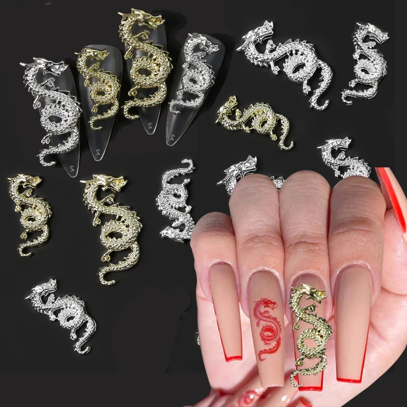 

10pc Punk Evil Dragon Nail Accessories S/L 2Sizes Silver,Gold Alloy Naga Metal Dragon Nail Art Flying Large Designer Accessories