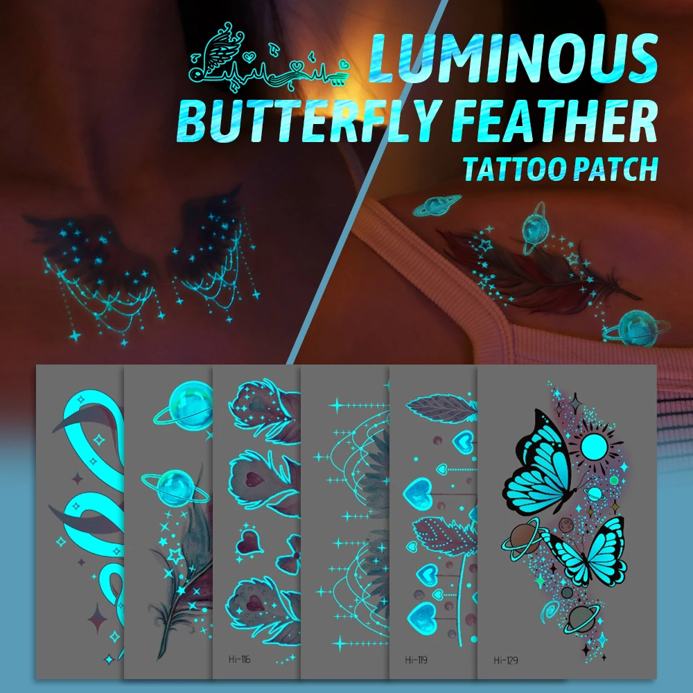 

Blue Luminous Tattoo Sticker Music Concert Fake Tatto ButterflyFeather Glowing Waterproof Temporary Tatoo For Body Art Women Men