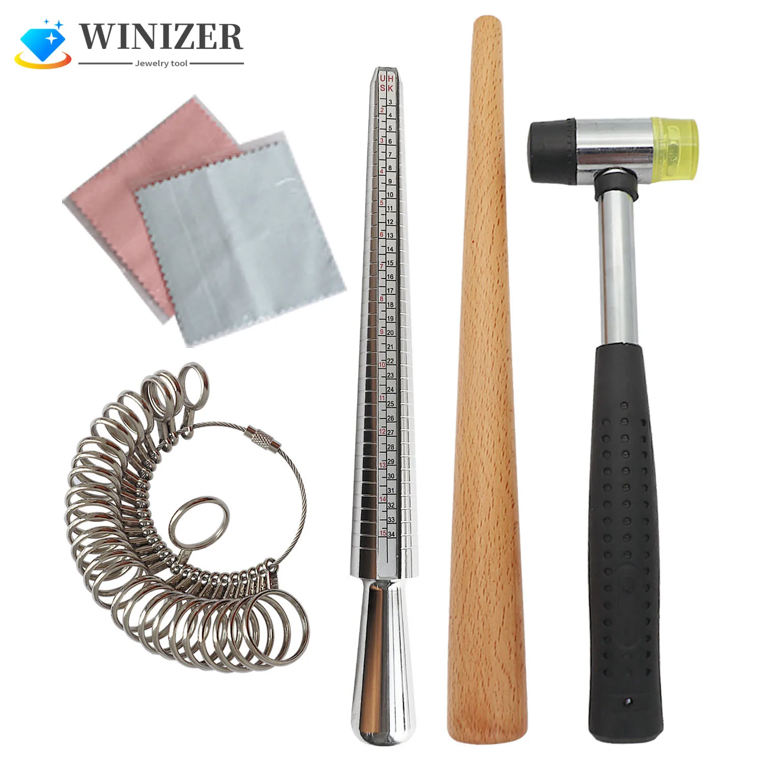 

6Pcs Ring Sizer Measuring Tool with Jewelry Rubber Mallet Hammer Rings Size Measuring Tools Finger Gauge Wood Polishing Cloth