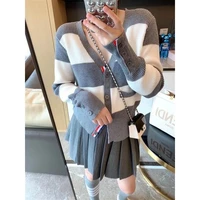tb 2022 autumn and winter new classic big thick gray and white stripes gentle and cute all match v neck knitted cardigan women