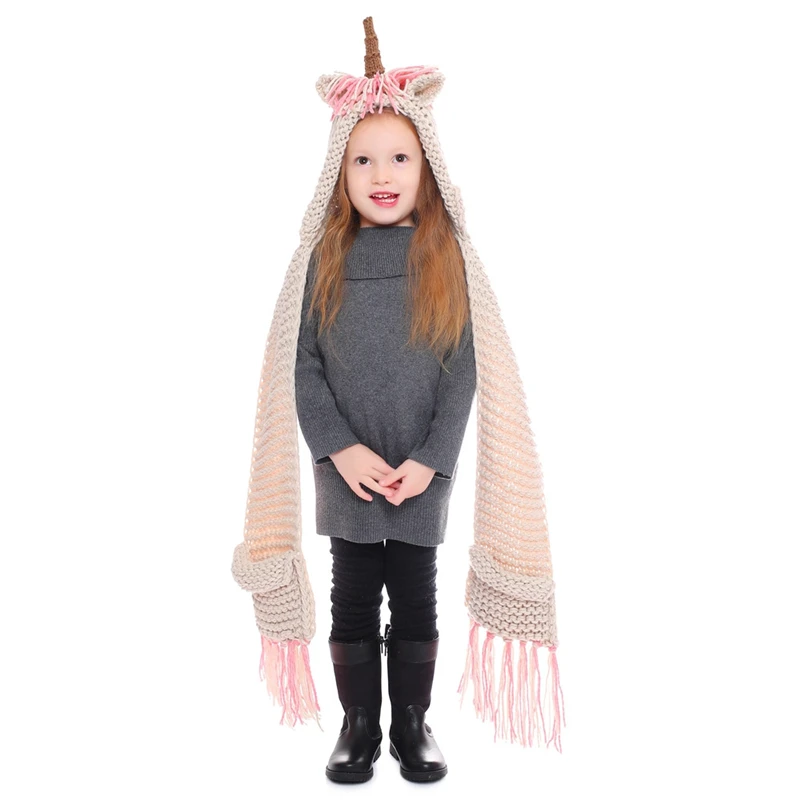 

Милые детские Шарфы шапки в виде единорога для маленьких девочек зимняя шапка в виде животного глушитель с кисточками и карманами для детей...