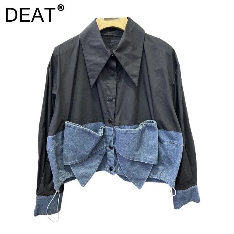 DEAT женская рубашка свободная лоскутная джинсовая блузка с 3d бантом однобортная