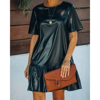 2022 womens black faux pu leather dress short sleeve loose ruffle elegant mini dresses fashion office lady clothing vestidos