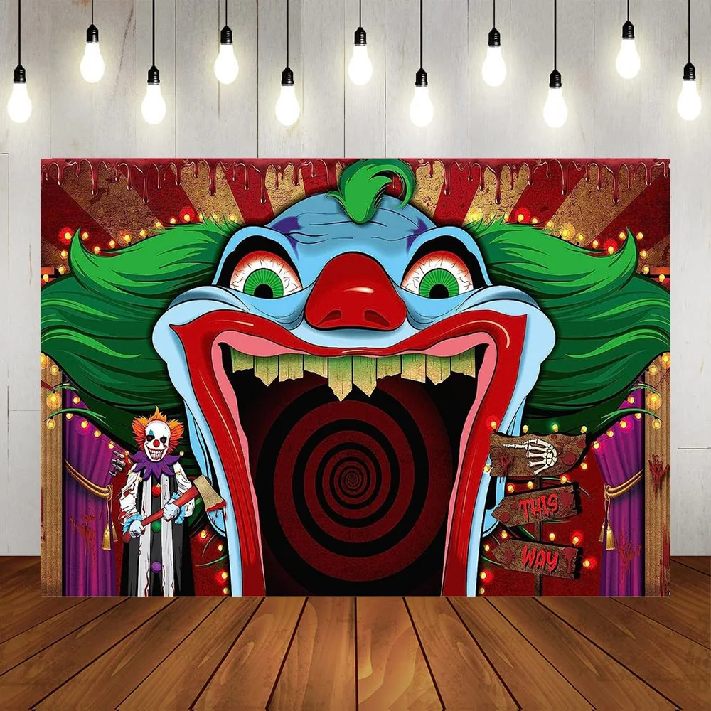 

Circus photography scary clown smiley face stage open big mouth background amusement park birthday party carnival decorative