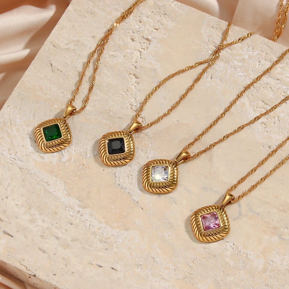 

Classic Style Black Green White Pink Natural Zircon Rhombus Pendant Necklaces 18K Plated Water Wave Chain Necklaces for Women