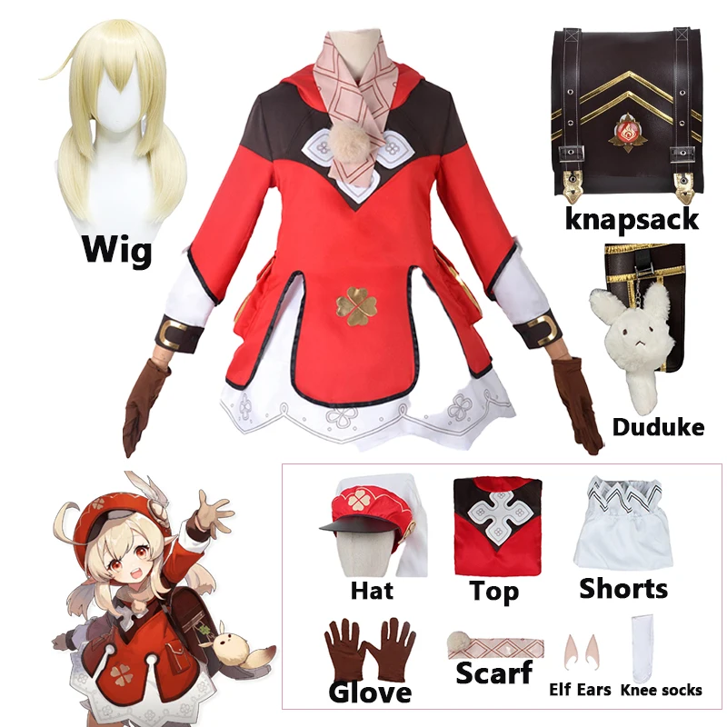 

Игровой костюм Klee для косплея, Женский костюм Genshin Impact для Хэллоуина, карнавала, красное платье, лоли, шляпа, уши, парик, рюкзак, полный комплект, реквизит