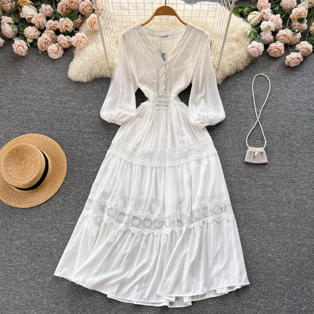 

Autumn Midi Dress for Women Elegant White Lace Patchwork A-line Female Veatidos 3/4 Sleeve See Through Boho Robe Vacation New