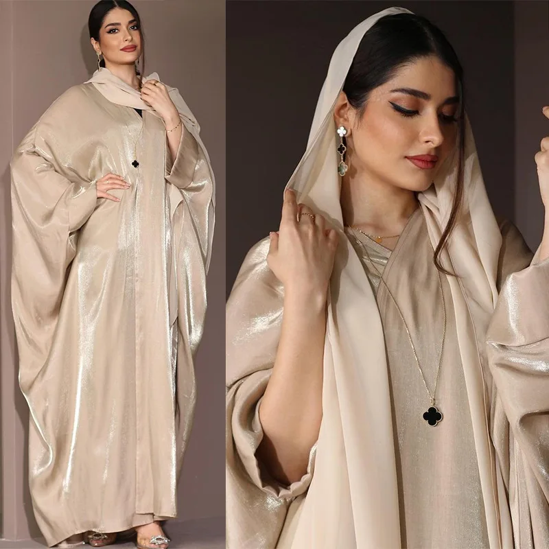 

Eid Djellaba Abaya Dubai Shiny Soft Cuff Sleeves Muslim Dress Silky Kimono Dubai Turkey Muslim Dress Islam Abayas With Belt