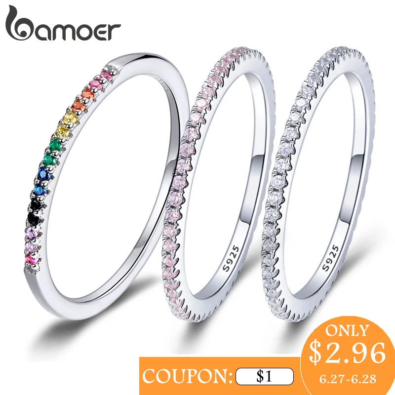 BAMOER 925 Sterling Silver CZ Simulated Diamond Stackable Ring Platinum Plated Eternity Bands for Women