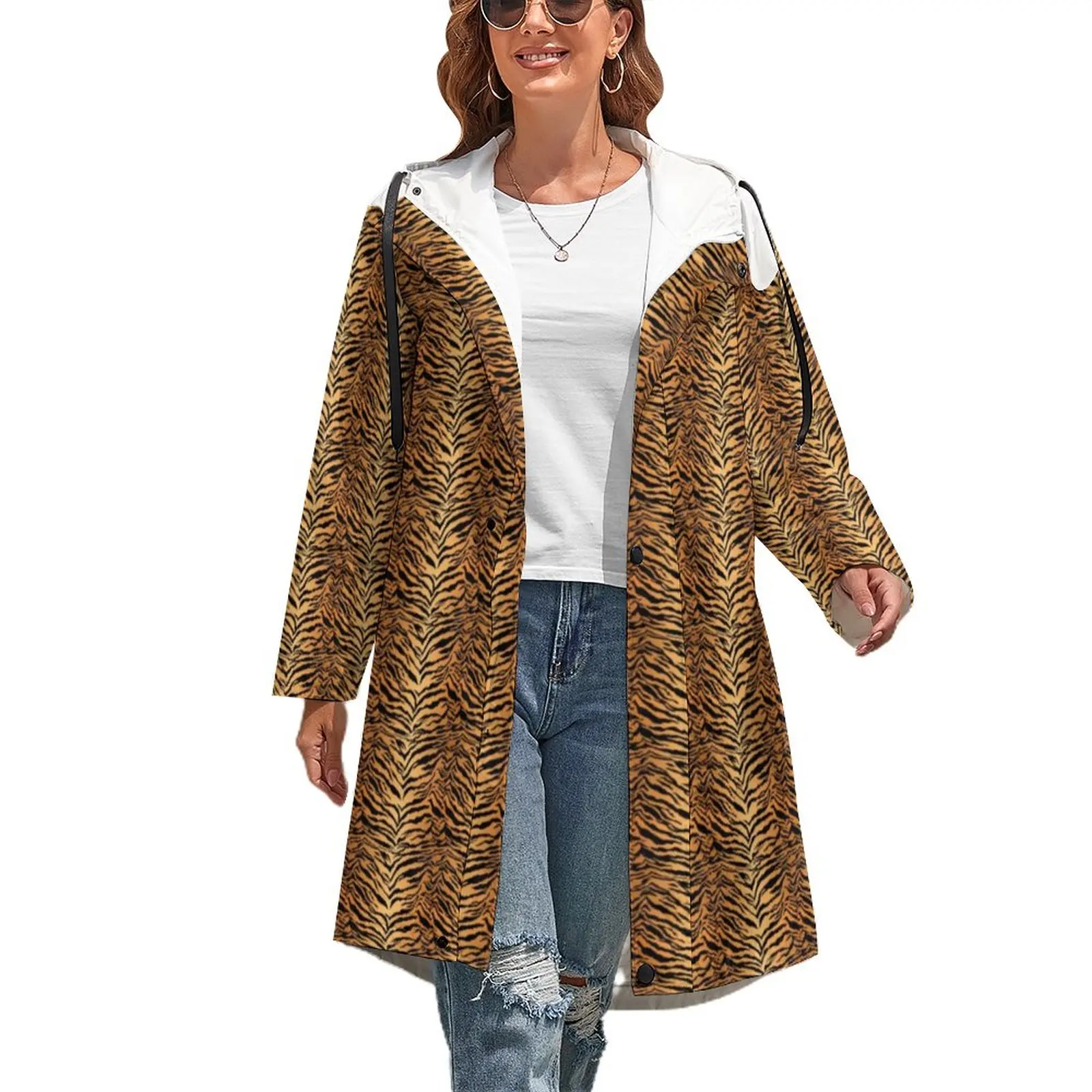 

Тренчкот с принтом животных, Трендовое повседневное зимнее пальто в полоску с тигром, Женская длинная прямая свободная ветровка с графичес...